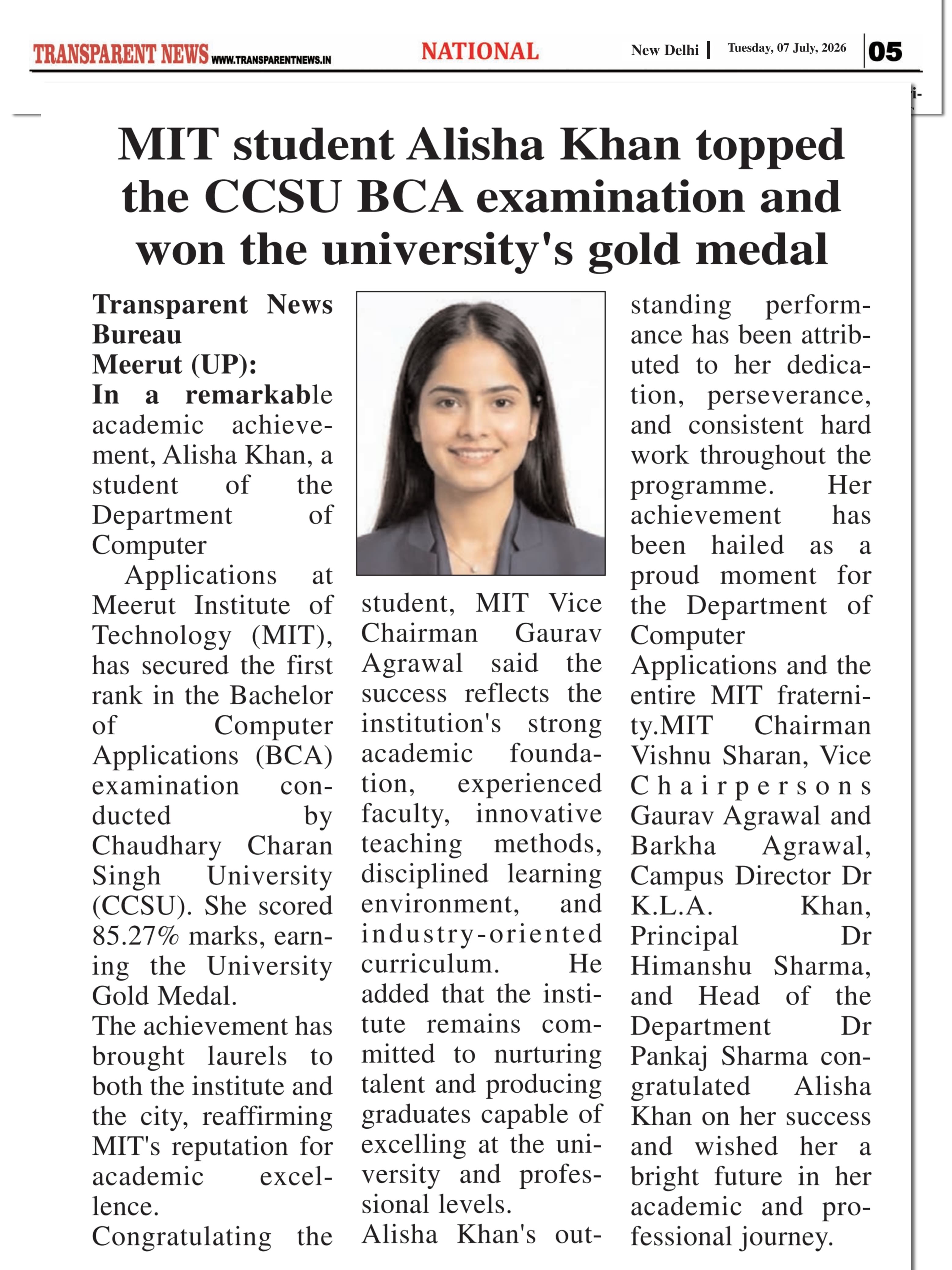 MIT student Alisha Khan topped the CCSU BCA examination and won the university's gold medal